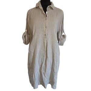 Women's NWT ELENA BALDI Gray 100% Linen Dress Italy Coastal Roll Sleeve SZ S